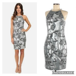 NWT CALVIN KLEIN SILVER SEQUIN FLORAL FITTED HALTER PARTY COCKTAIL MIDI DRESS 14